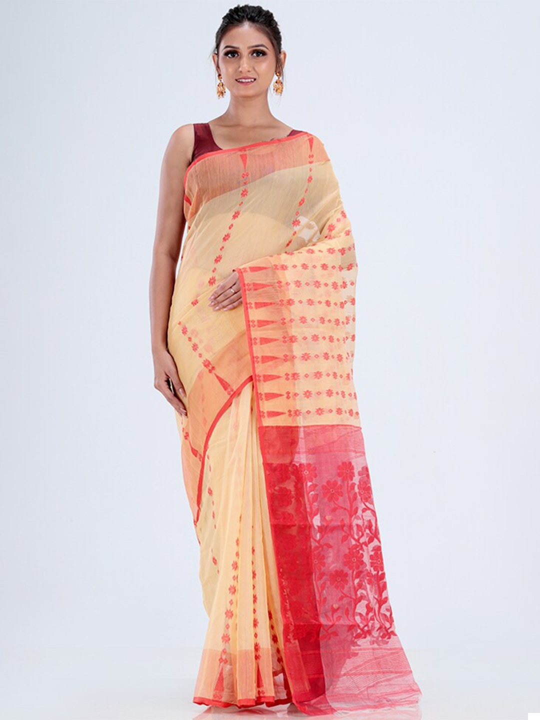 

AllSilks Floral Woven Design Pure Cotton Taant Saree, Cream