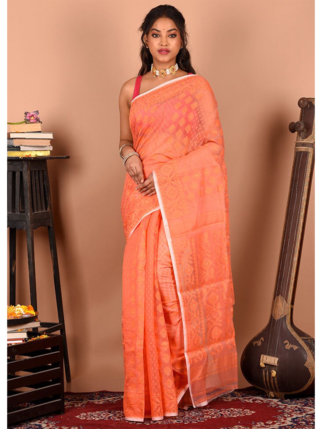 

AllSilks Floral Pure Cotton Taant Saree, Coral