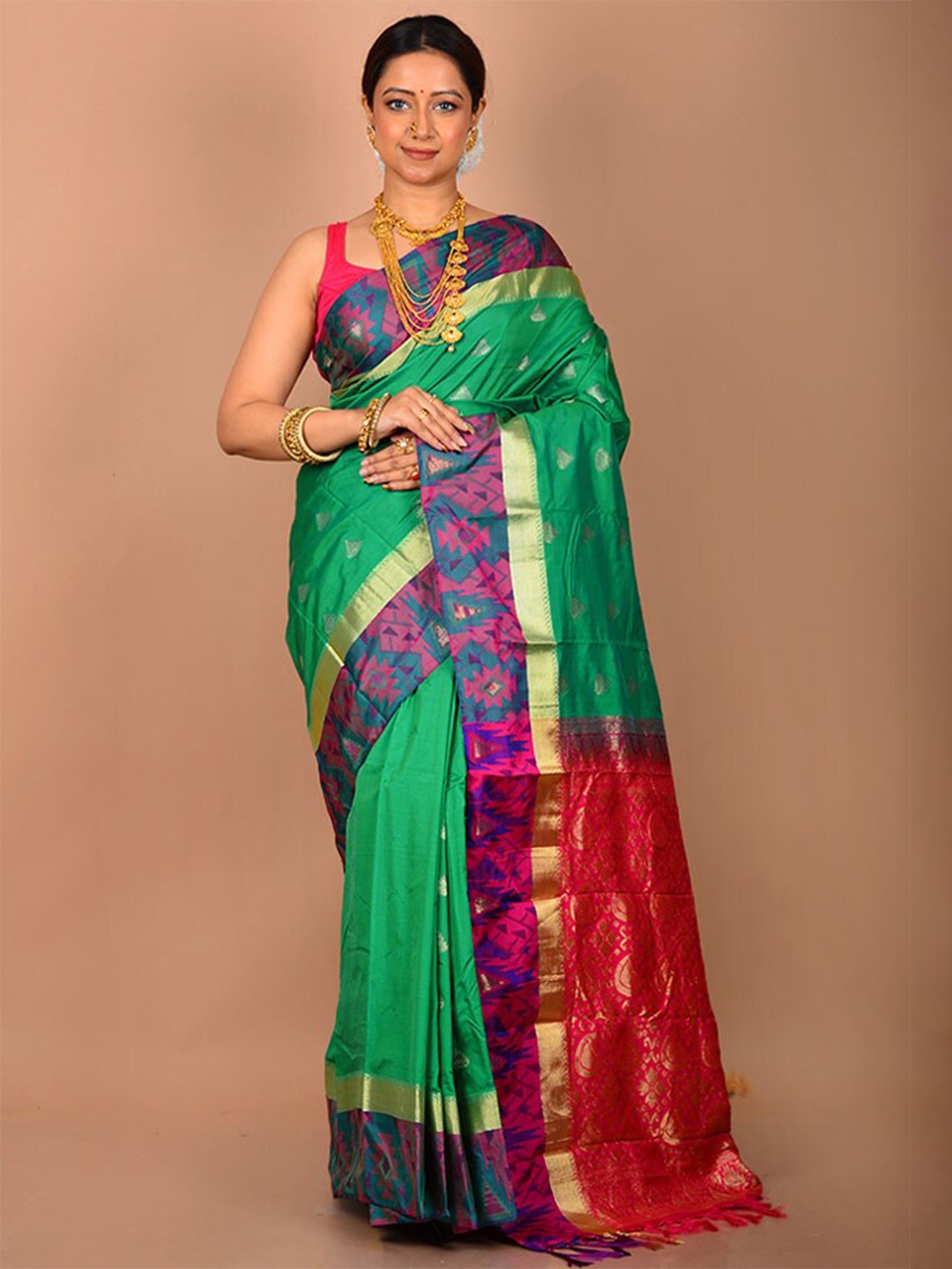 

AllSilks Ethnic Motifs Zari Silk Blend Kanjeevaram Saree, Green