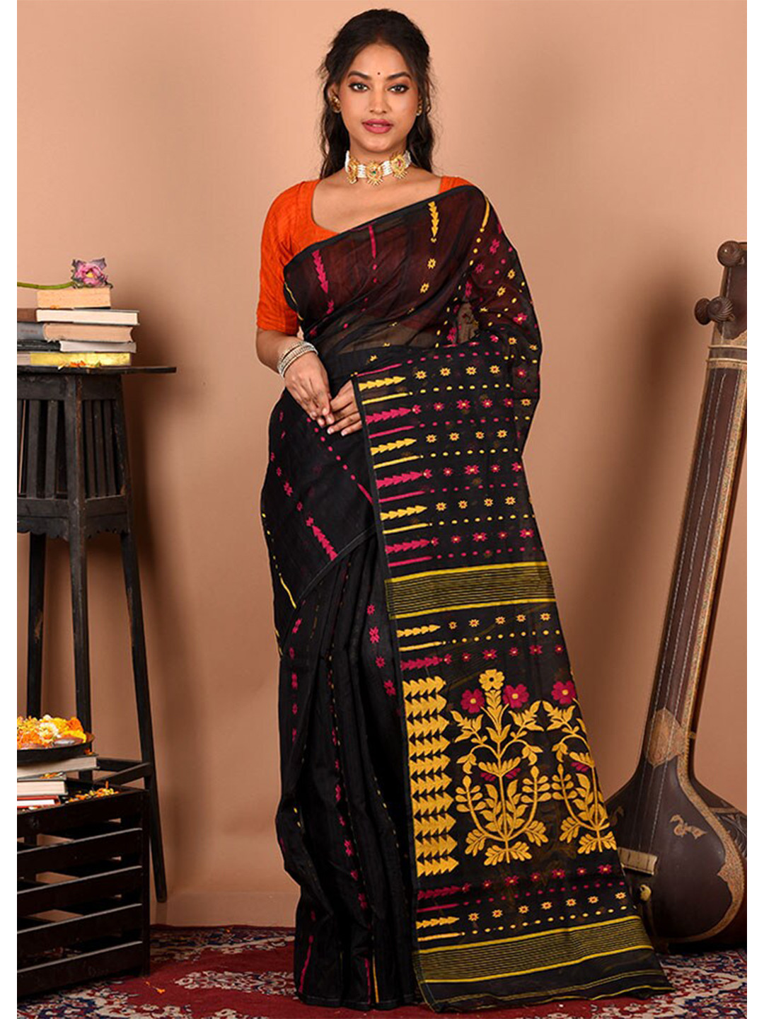 

AllSilks Ethnic Motifs Zari Pure Cotton Taant Saree, Black