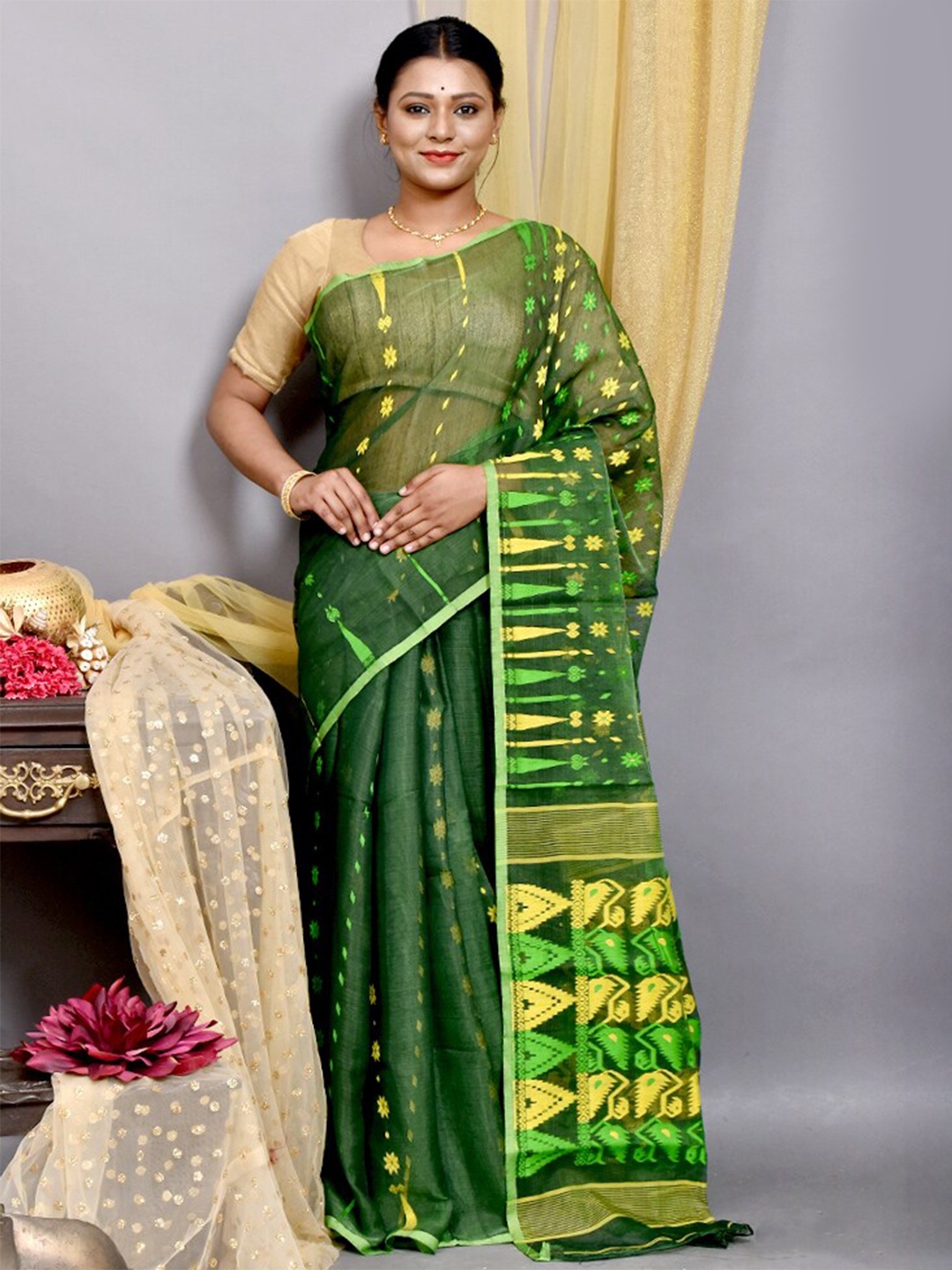 

AllSilks Woven Design Pure Cotton Taant Saree, Green