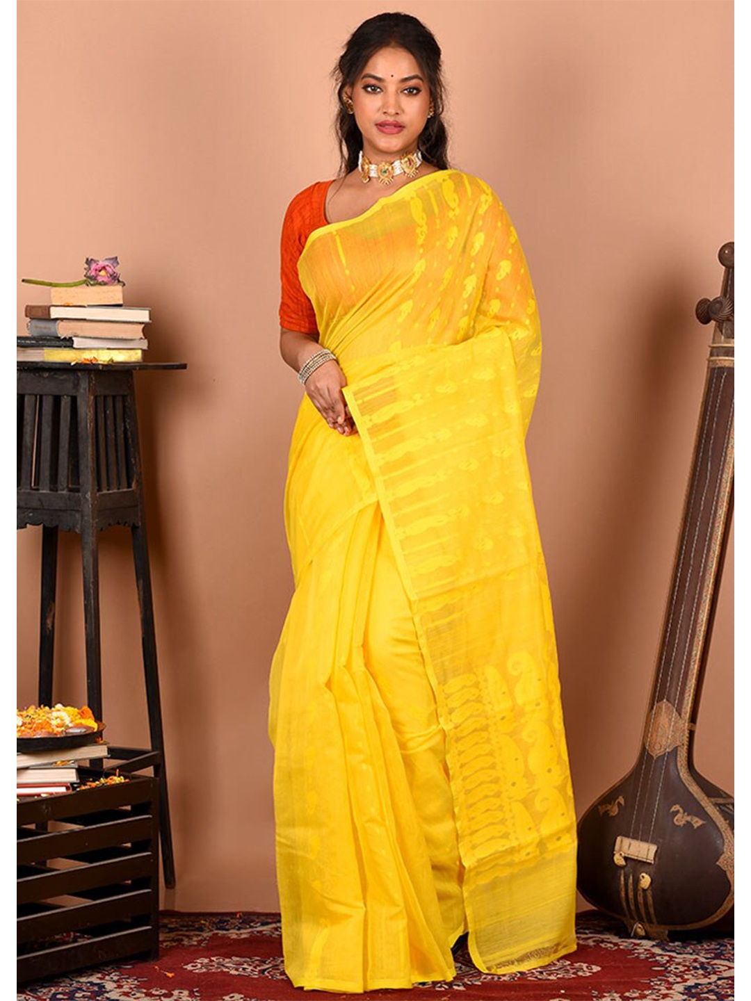 

AllSilks Woven Design Pure Cotton Taant Saree, Yellow