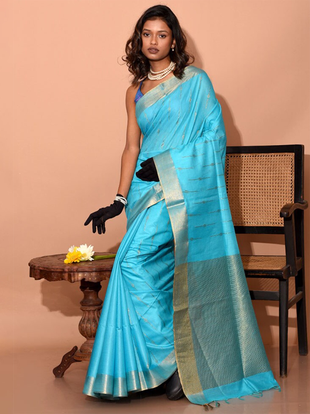 

AllSilks Woven Design Zari Tussar Saree, Blue