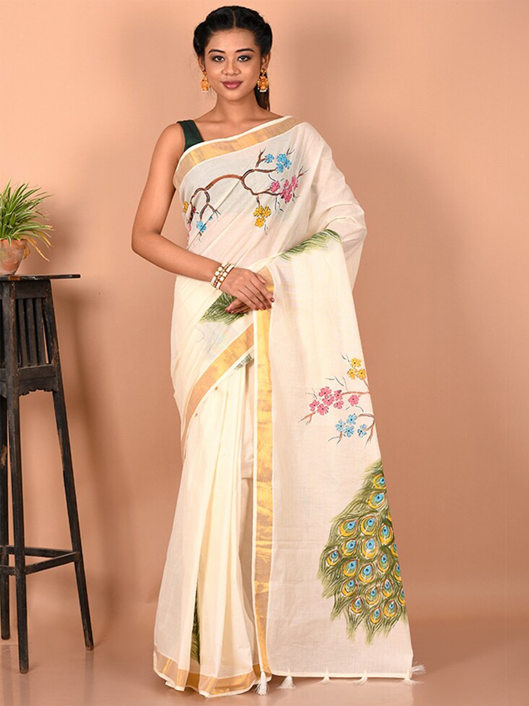 

AllSilks Floral Printed Zari Saree, Cream