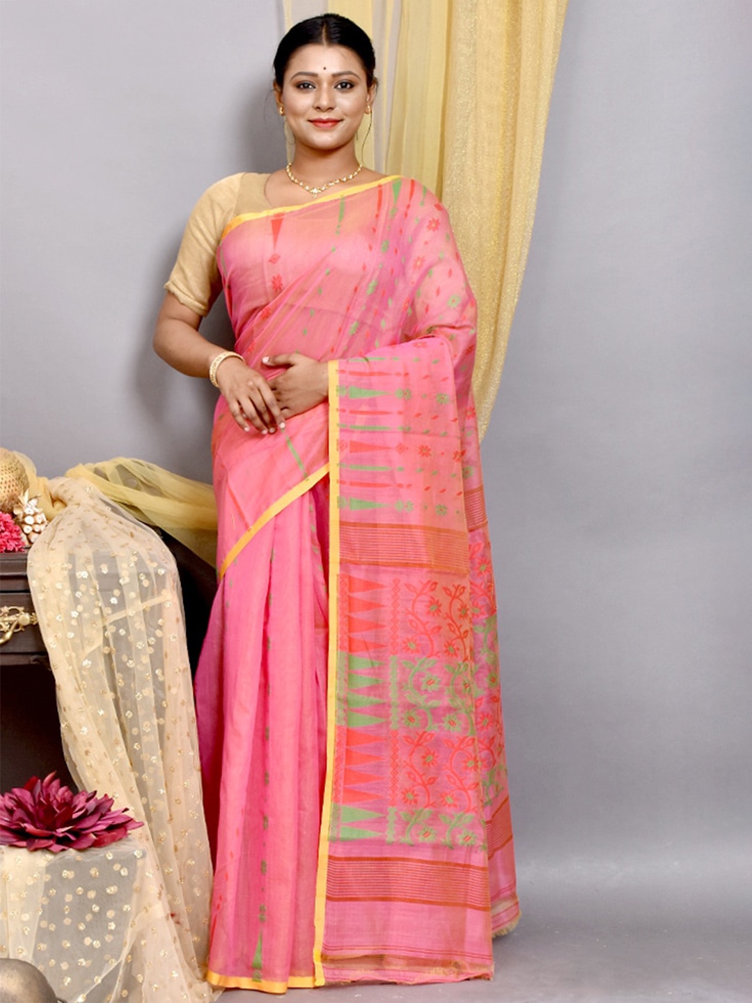 

AllSilks Woven Design Pure Cotton Taant Saree, Pink