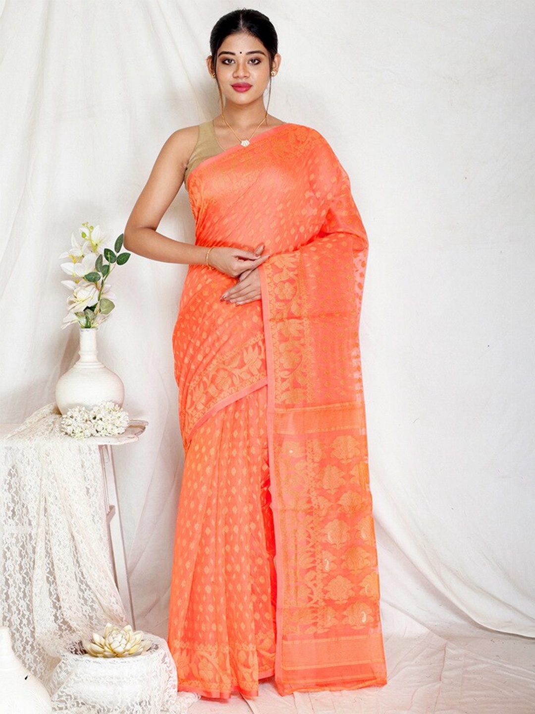

AllSilks Ethnic Motifs Pure Cotton Taant Saree, Orange