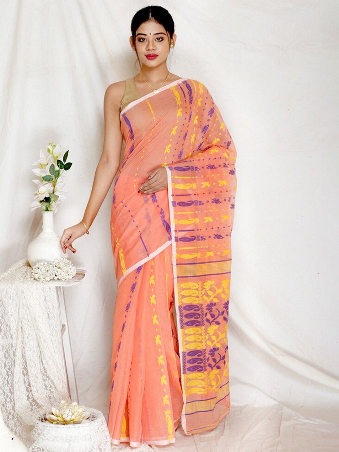 

AllSilks Ethnic Motifs Woven Design Pure Cotton Taant Saree, Peach