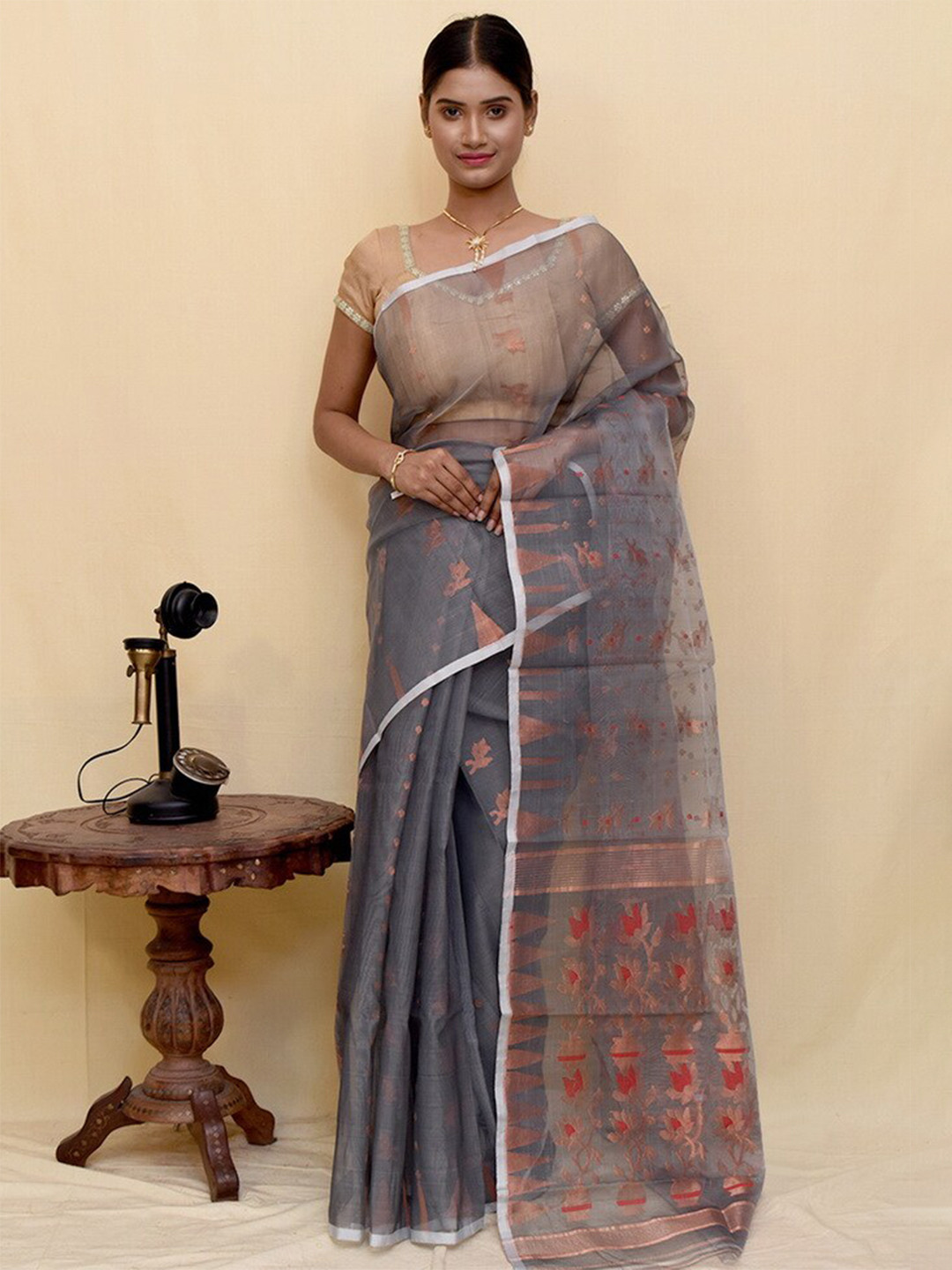 

AllSilks Floral Pure Cotton Taant Saree, Grey