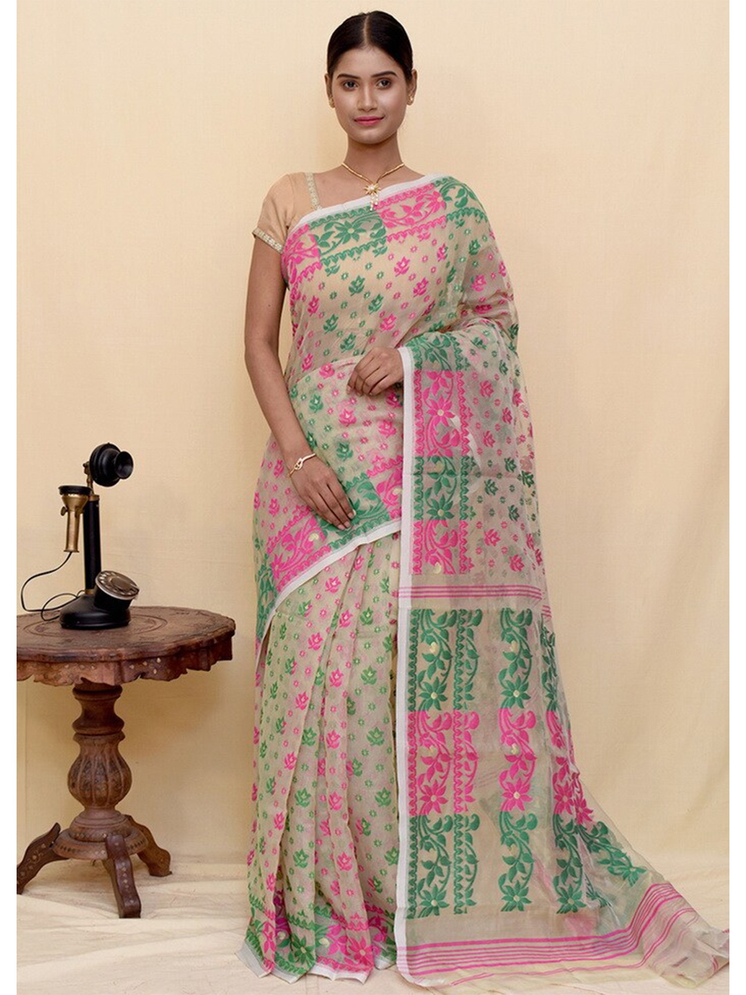 

AllSilks Floral Woven Design Pure Cotton Taant Saree, Beige
