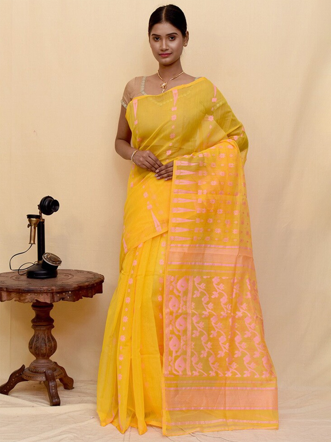 

AllSilks Woven Design Pure Cotton Taant Saree, Yellow