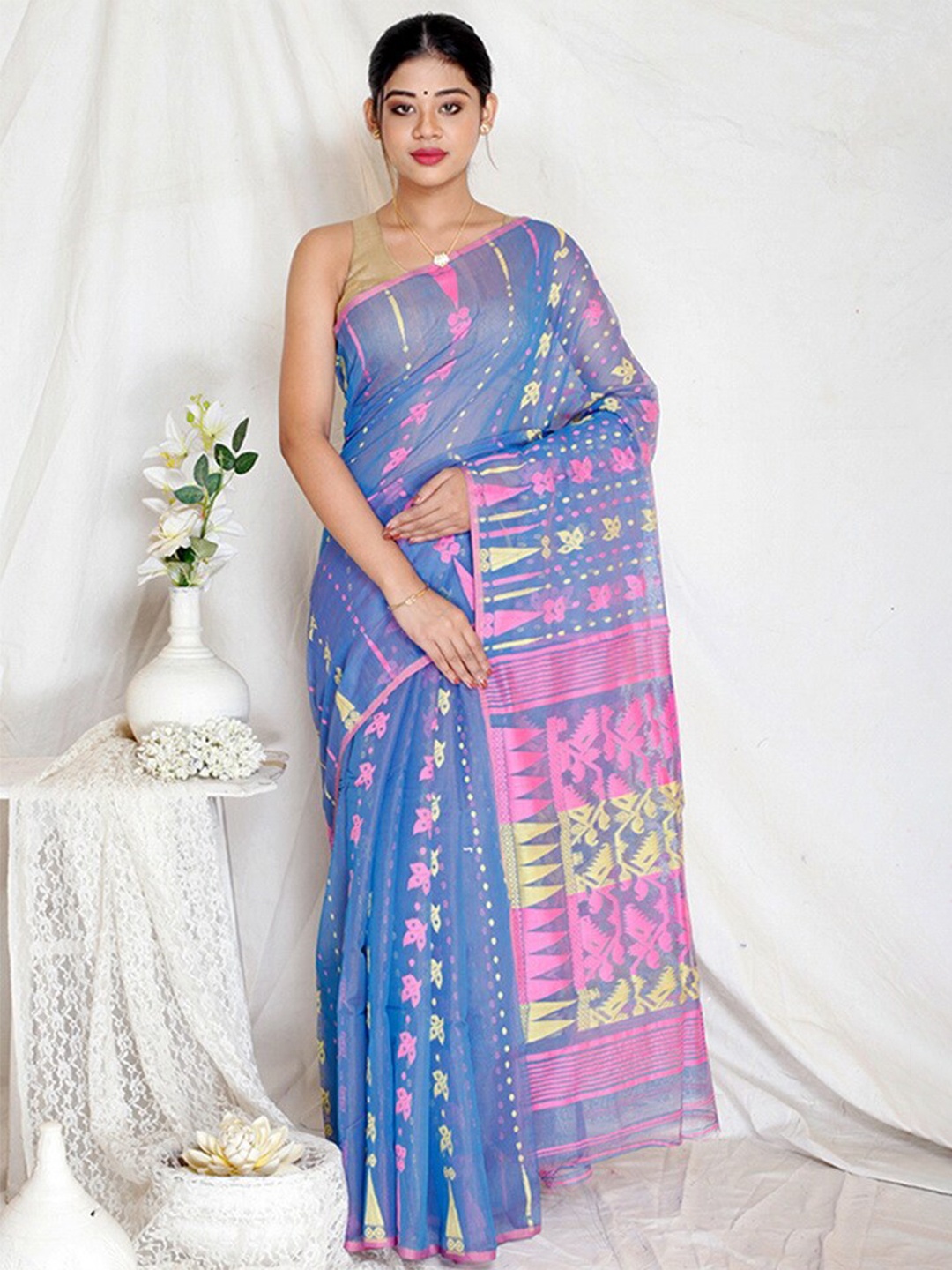 

AllSilks Woven Design Pure Cotton Taant Saree, Blue