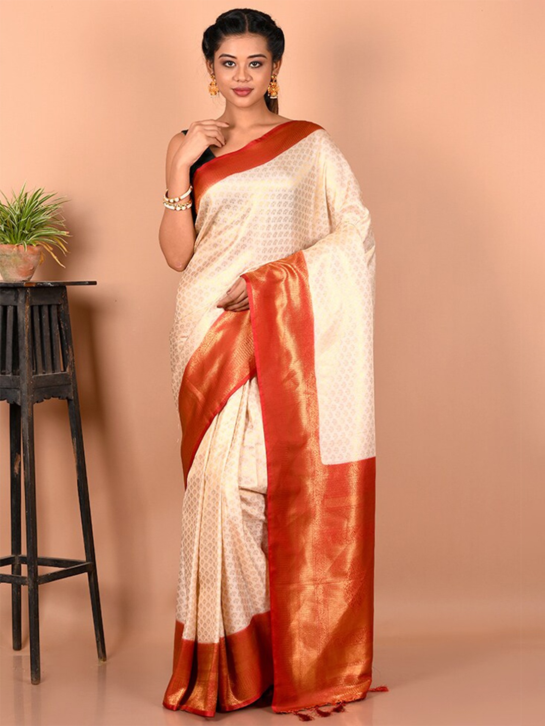 

AllSilks Ethnic Motifs Zari Silk Blend Saree, Cream