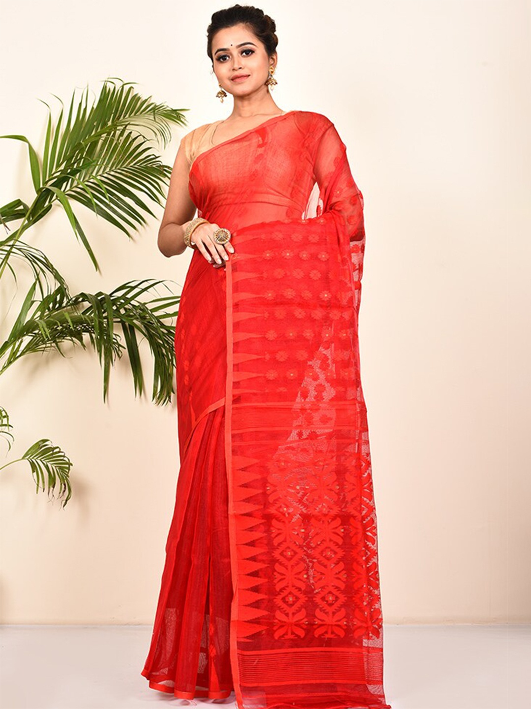 

AllSilks Floral Woven Design Pure Cotton Taant Saree, Red