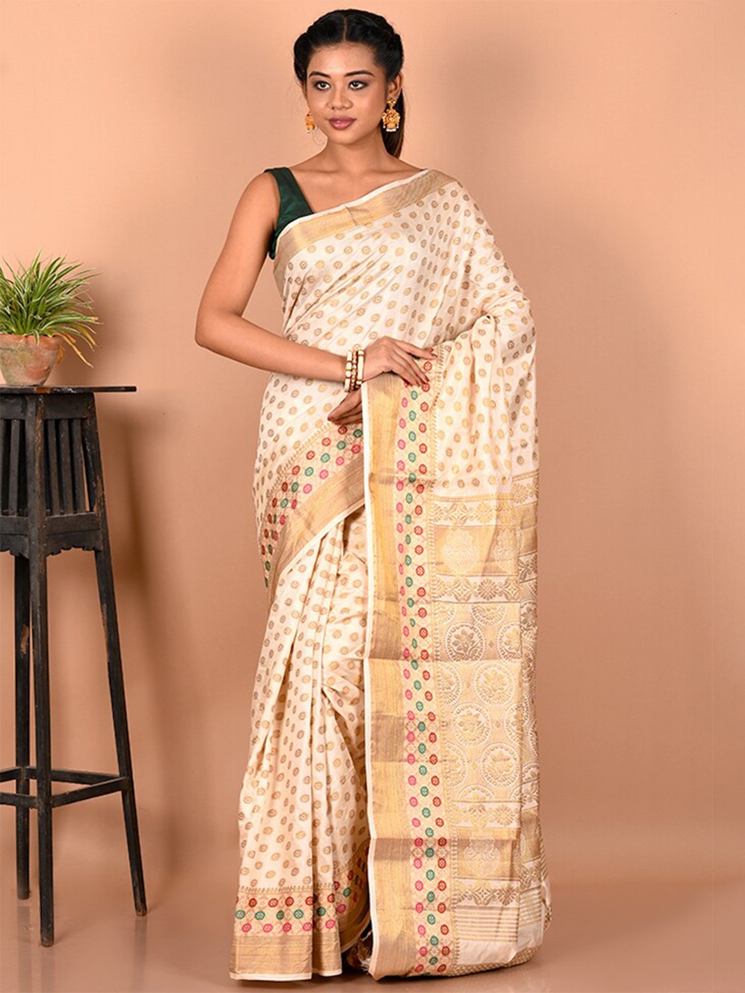 

AllSilks Woven Design Zari Boarded Saree, Cream