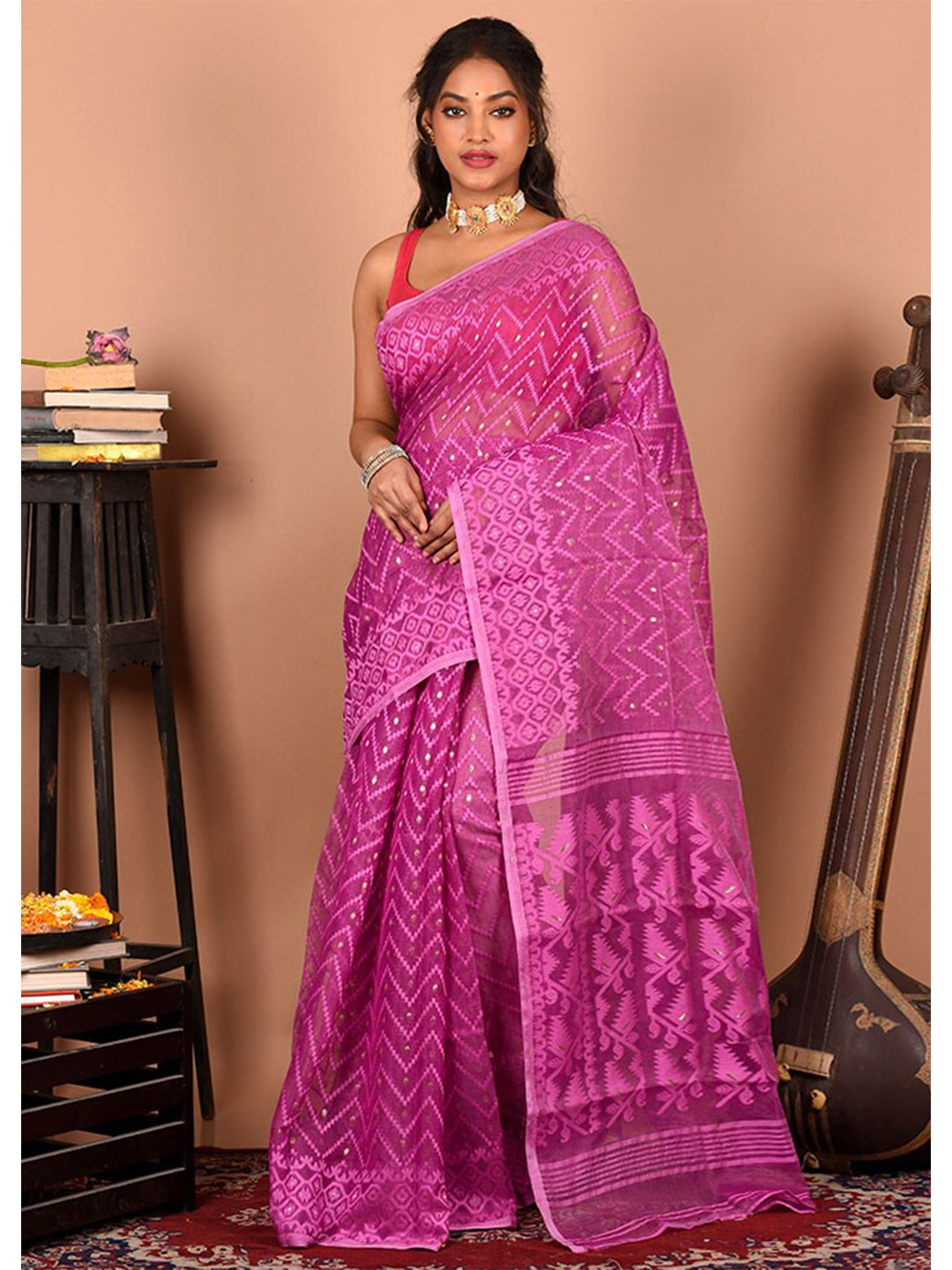

AllSilks Woven Design Pure Cotton Taant Saree, Pink