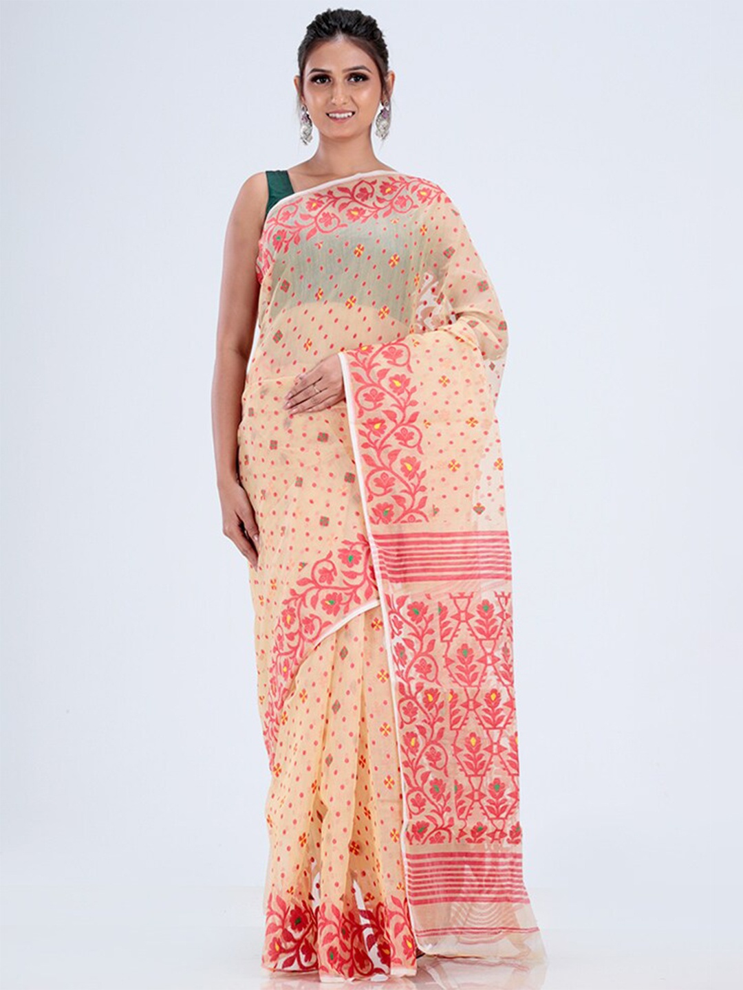 

AllSilks Ethnic Motifs Pure Cotton Taant Saree, Cream