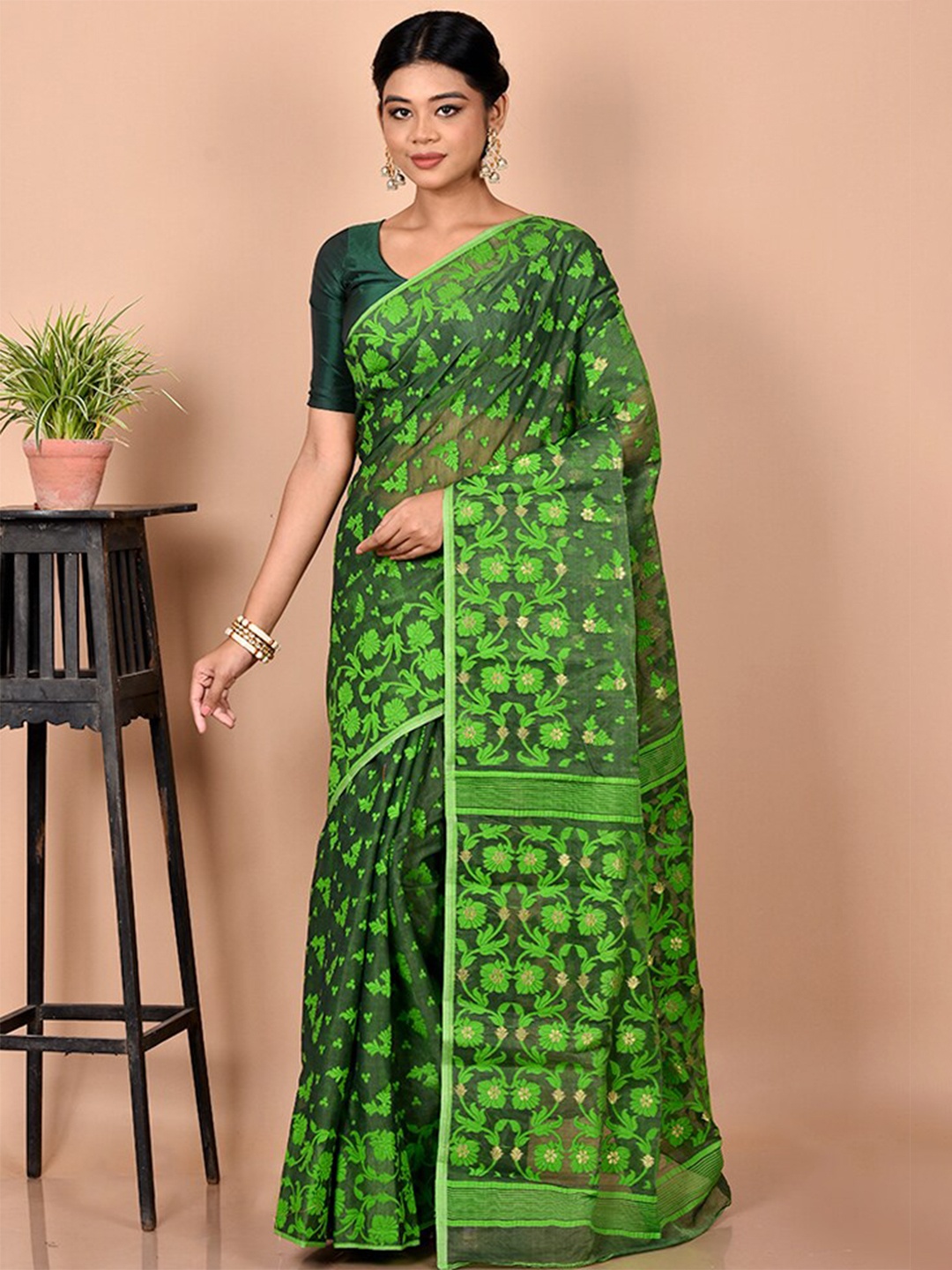 

AllSilks Woven Design Pure Cotton Taant Saree, Green