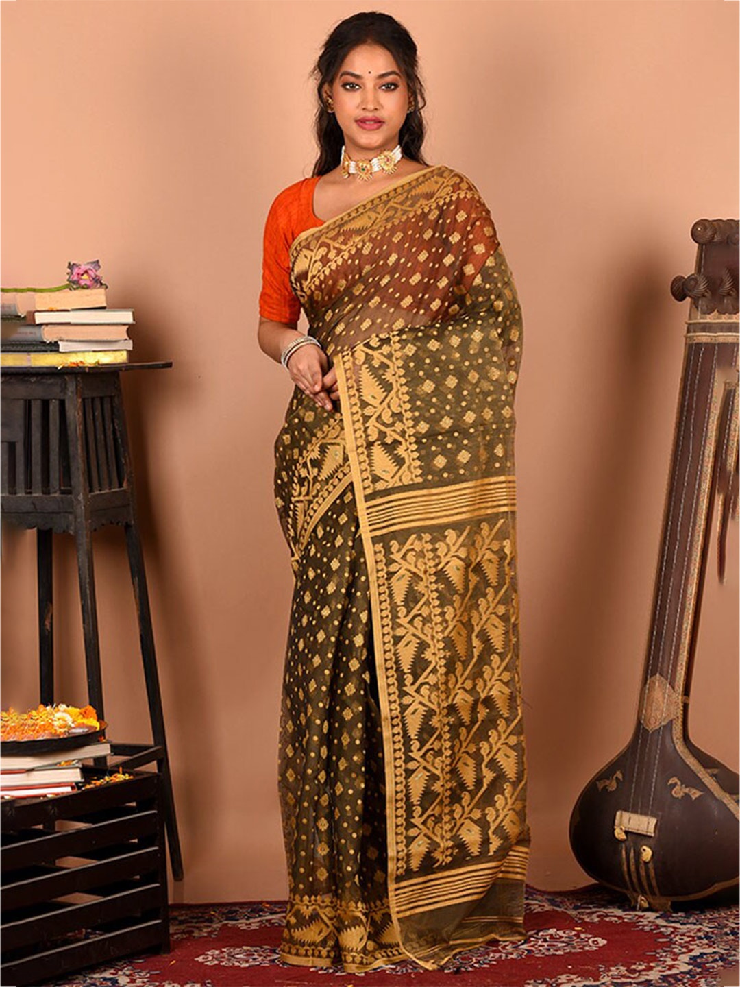 

AllSilks Ethnic Motifs Pure Cotton Taant Saree, Grey