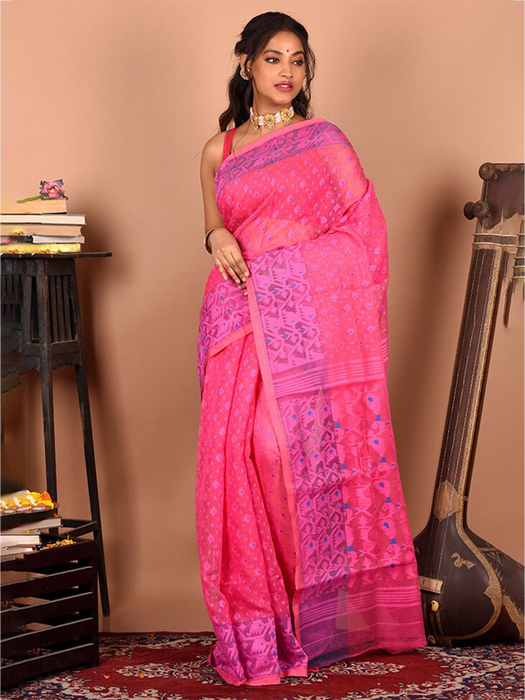 

AllSilks Woven Design Pure Cotton Taant Saree, Pink