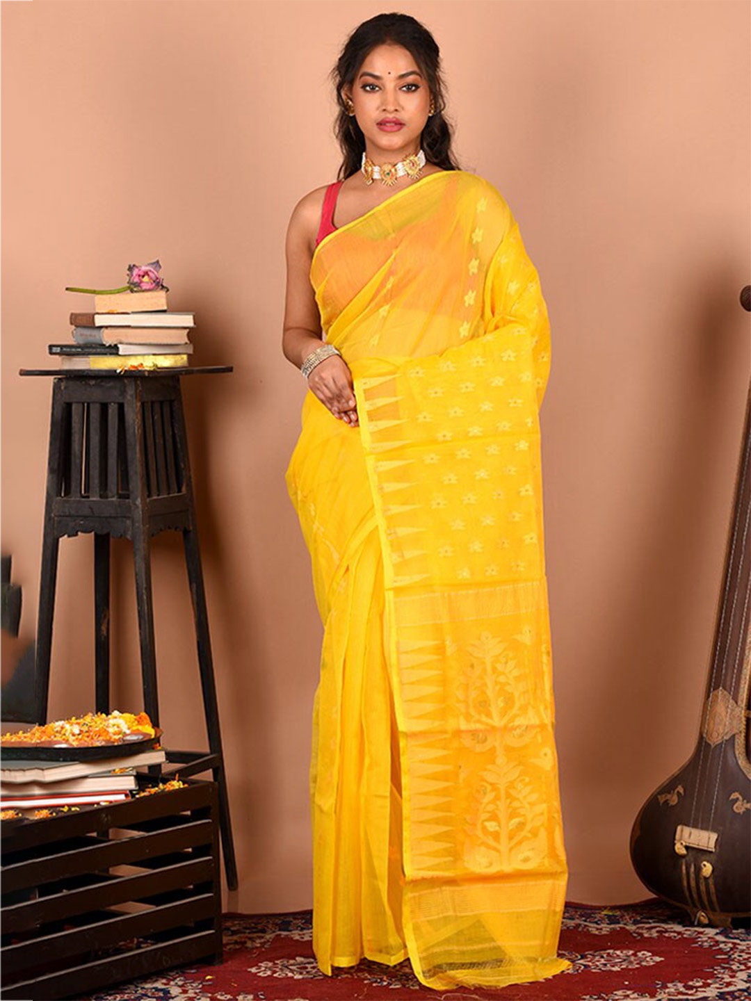 

AllSilks Ethnic Motifs Woven Design Pure Cotton Taant Saree, Yellow