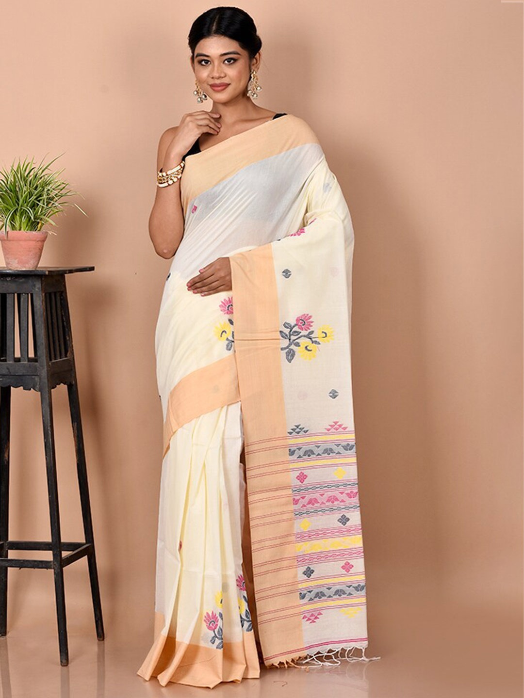 

AllSilks Floral Woven Design Saree, Off white