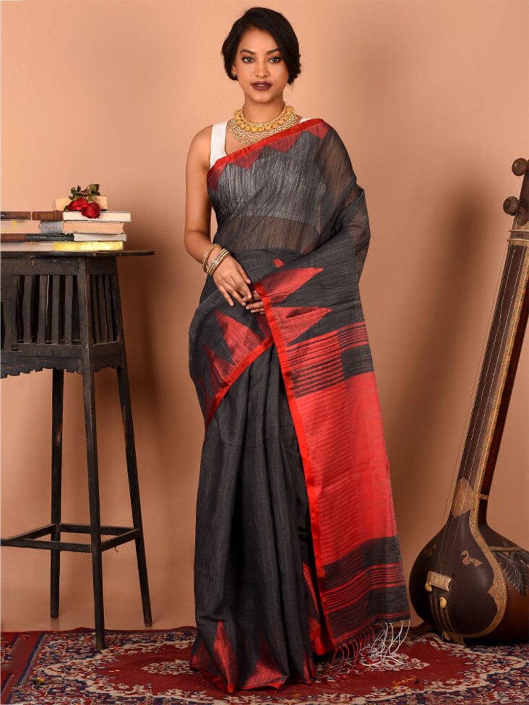 

AllSilks Woven Design Zari Saree, Grey