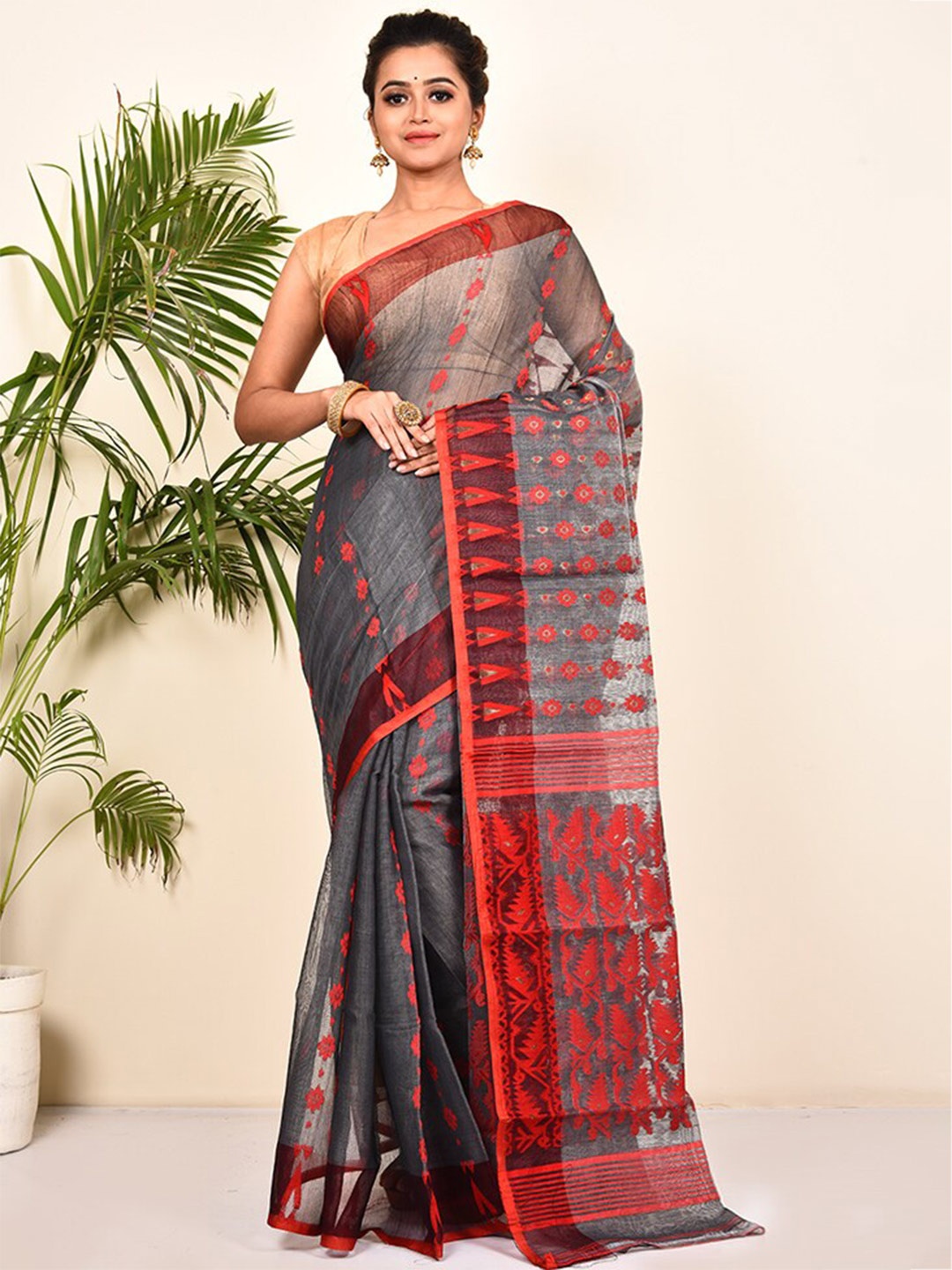 

AllSilks Ethnic Motifs Woven Design Pure Cotton Taant Saree, Grey