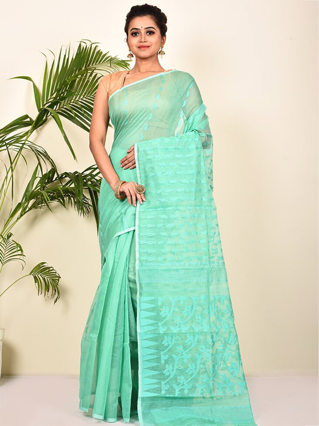 

AllSilks Woven Design Zari Pure Cotton Taant Saree, Sea green