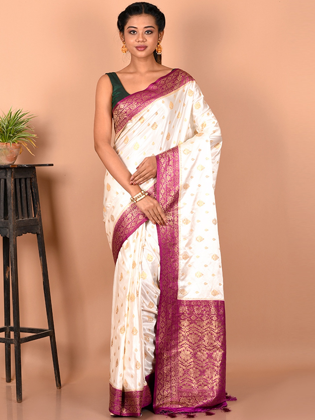 

AllSilks Ethnic Motifs Zari Silk Blend Saree, White