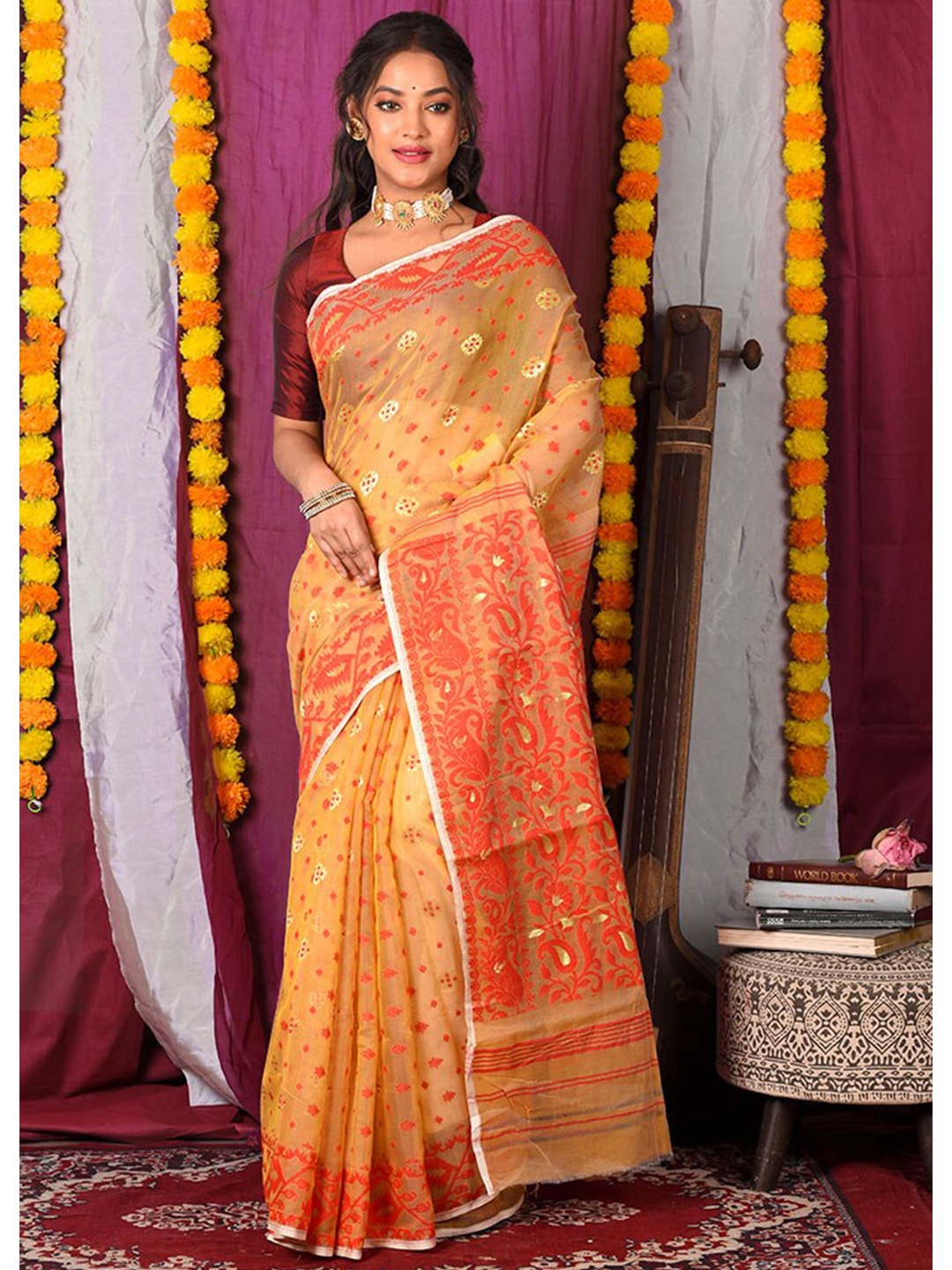 

AllSilks Woven Design Zari Pure Cotton Taant Saree, Orange