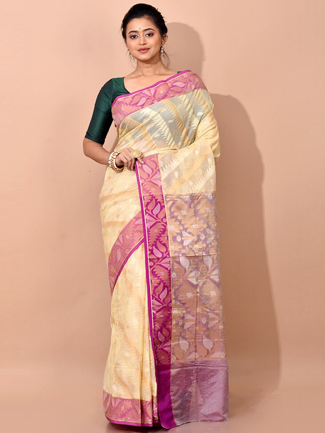

AllSilks Woven Design Zari Saree, Cream