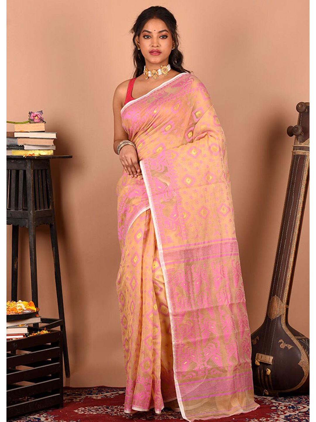 

AllSilks Woven Design Zari Taant Pure Cotton Saree, Cream