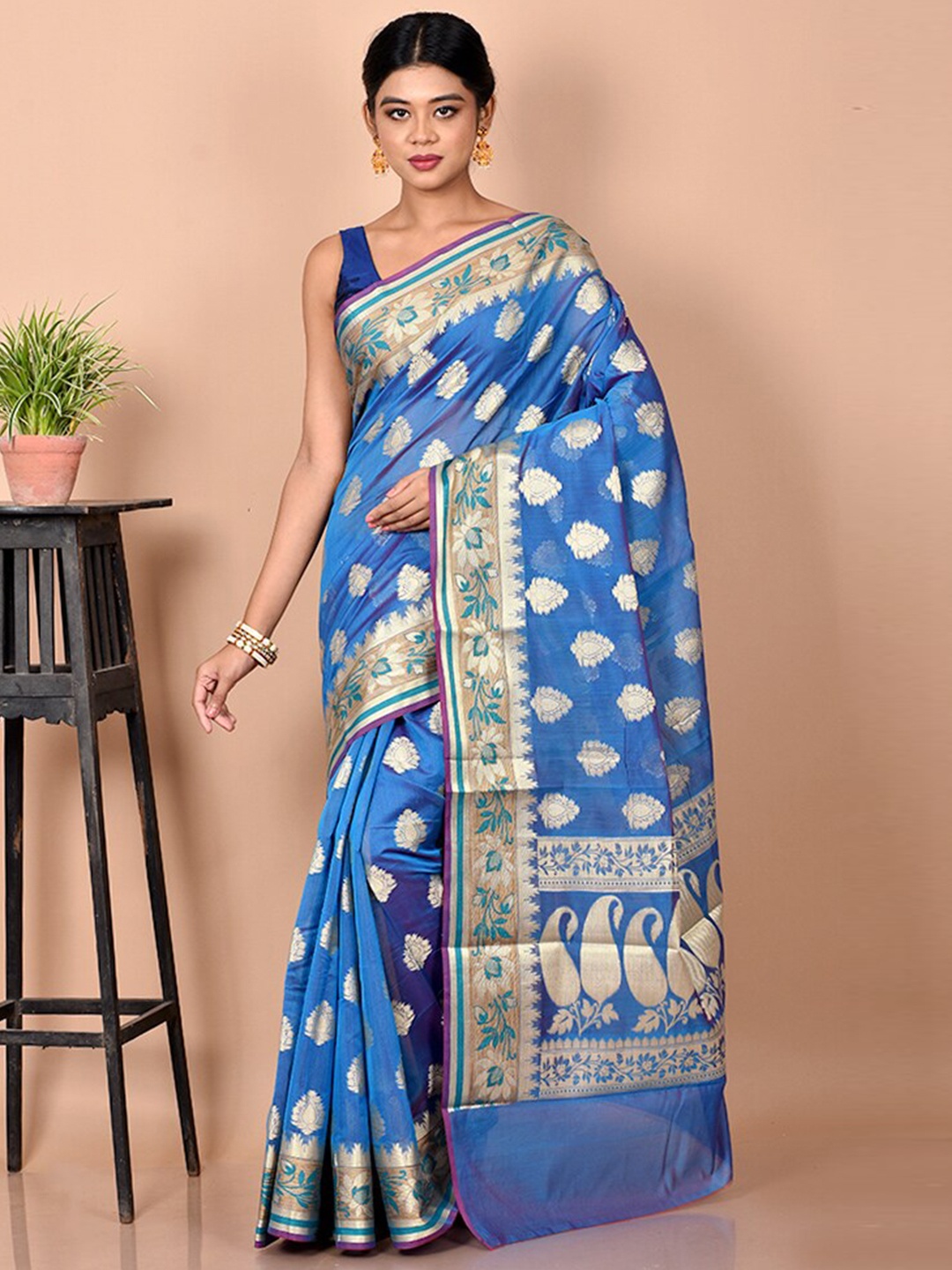 

AllSilks Ethnic Motifs Zari Silk Blend Saree, Blue