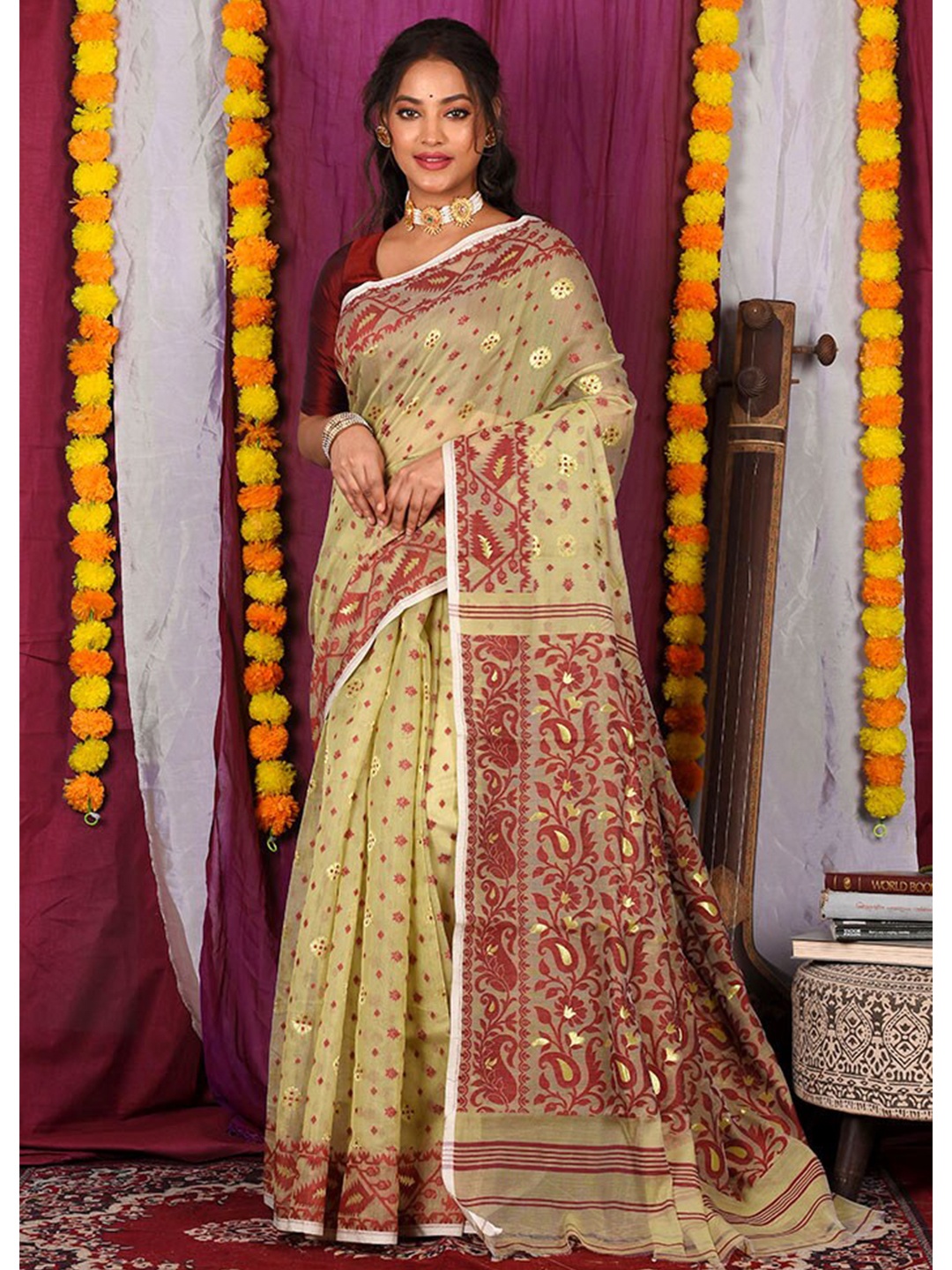 

AllSilks Woven Design Zari Pure Cotton Taant Saree, Cream