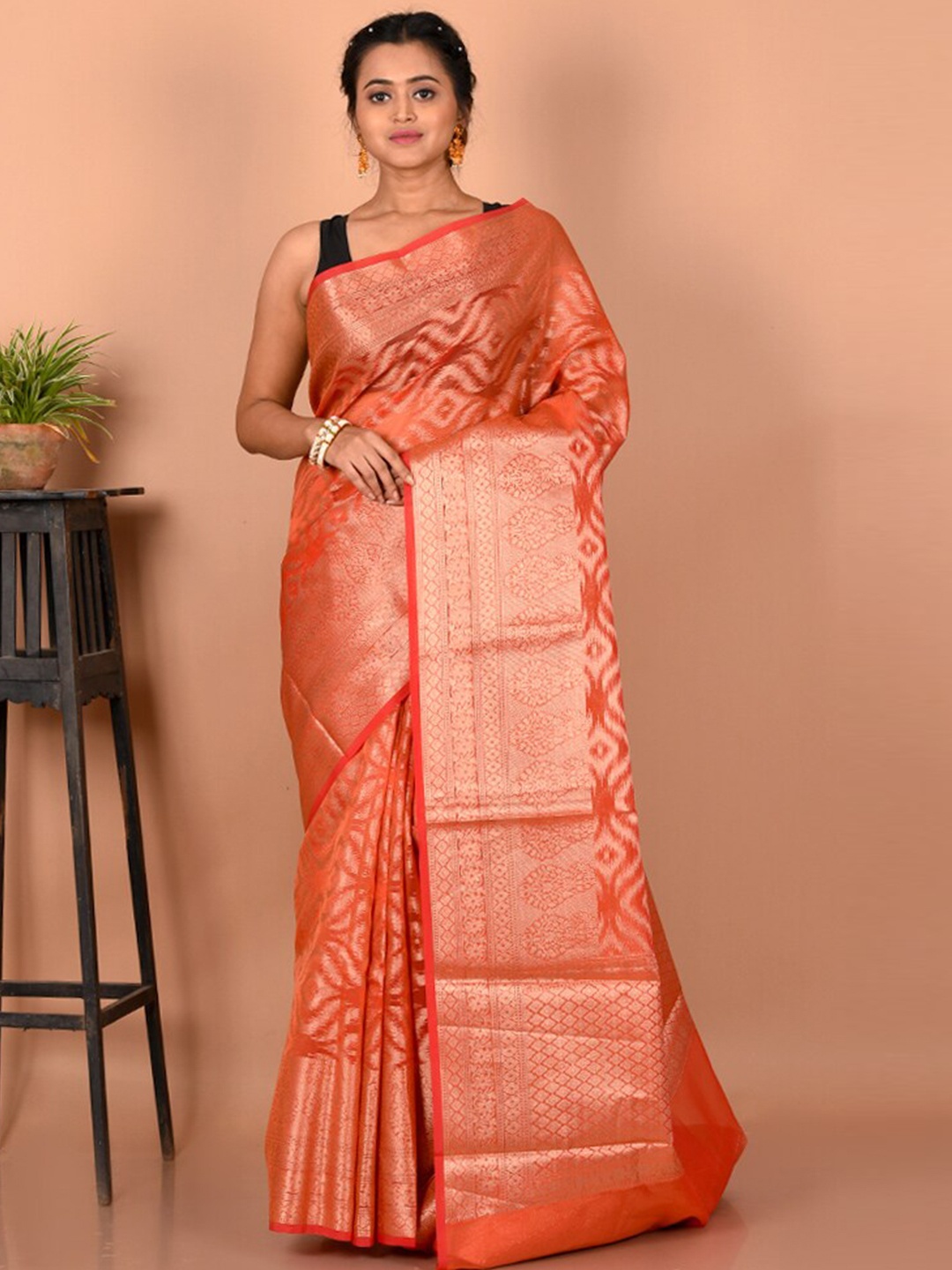 

AllSilk Ethnic Motifs Zari Saree, Rust