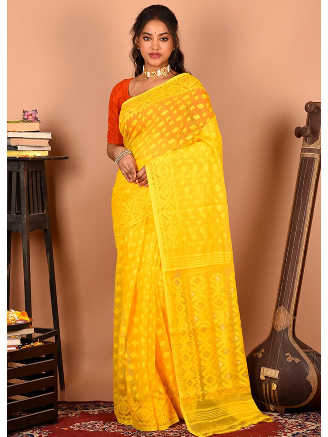 

AllSilks Ethnic Motifs Pure Cotton Taant Saree, Yellow