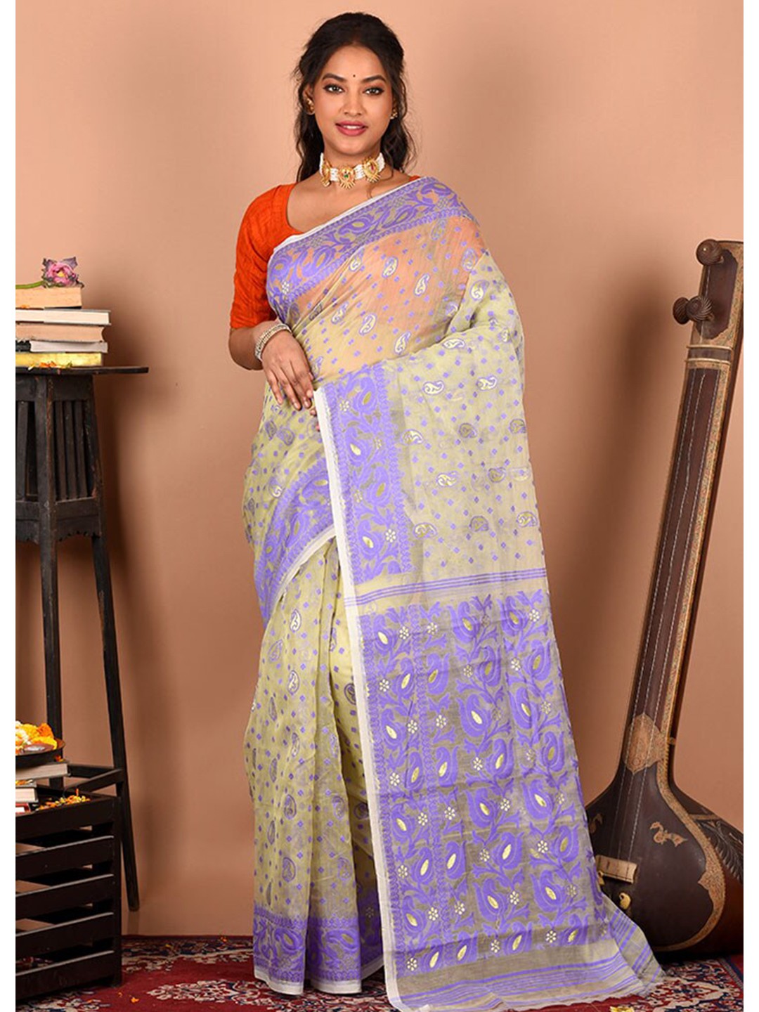 

AllSilks Woven Design Pure Cotton Taant Saree, Cream