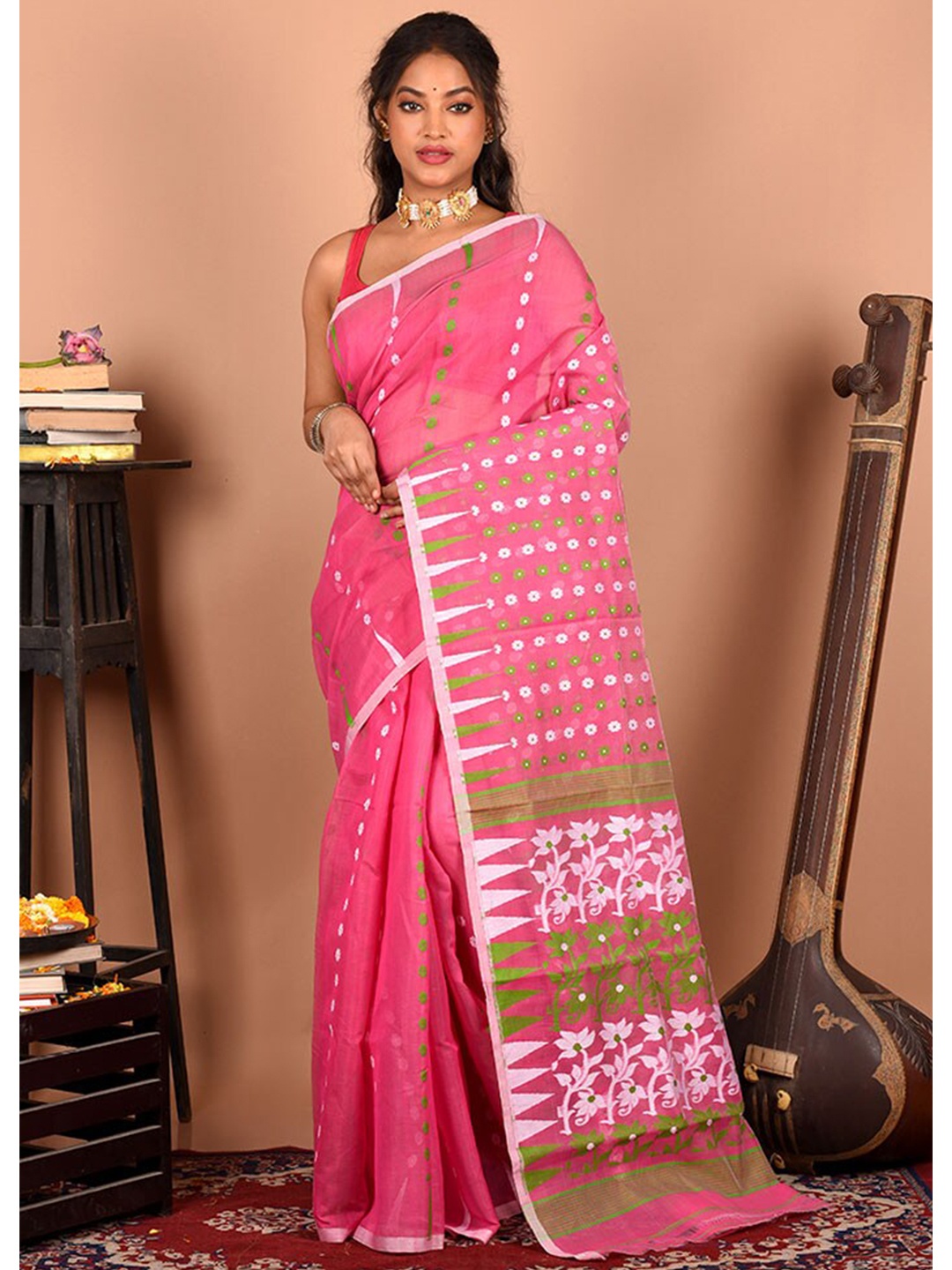 

AllSilks Floral Pure Cotton Taant Saree, Pink