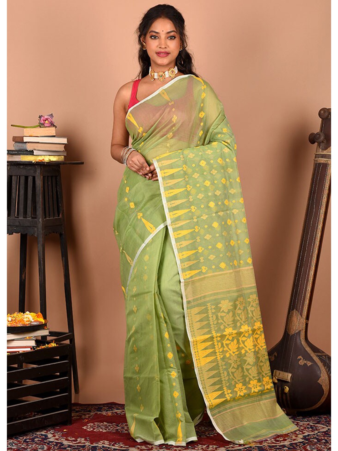 

AllSilks Woven Design Pure Cotton Taant Saree, Green