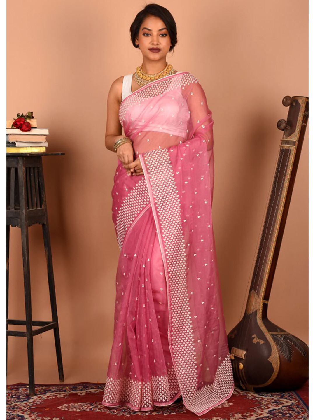 

AllSilks Pink & White Floral Embroidered Silk Blend Saree