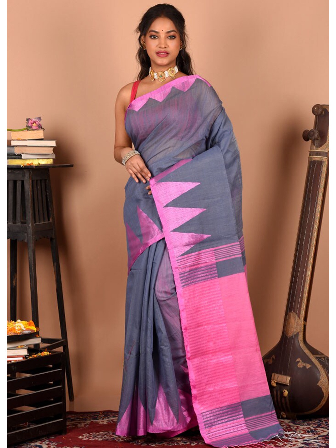 

AllSilks Woven Design Zari Border Saree, Grey