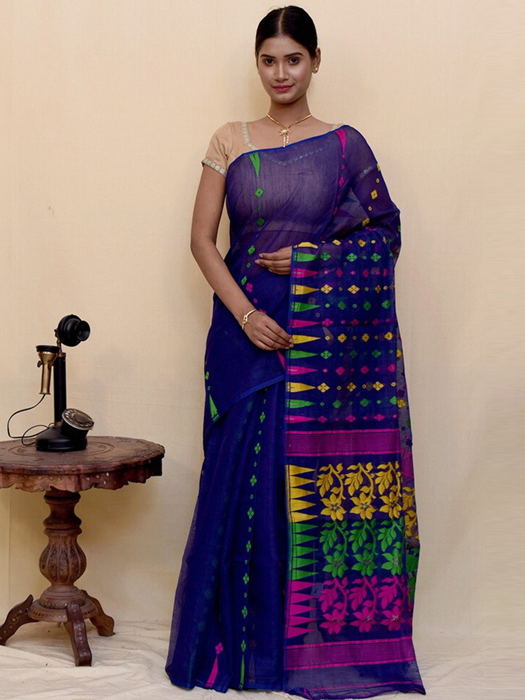 

AllSilks Woven Design Pure Cotton Taant Saree, Blue