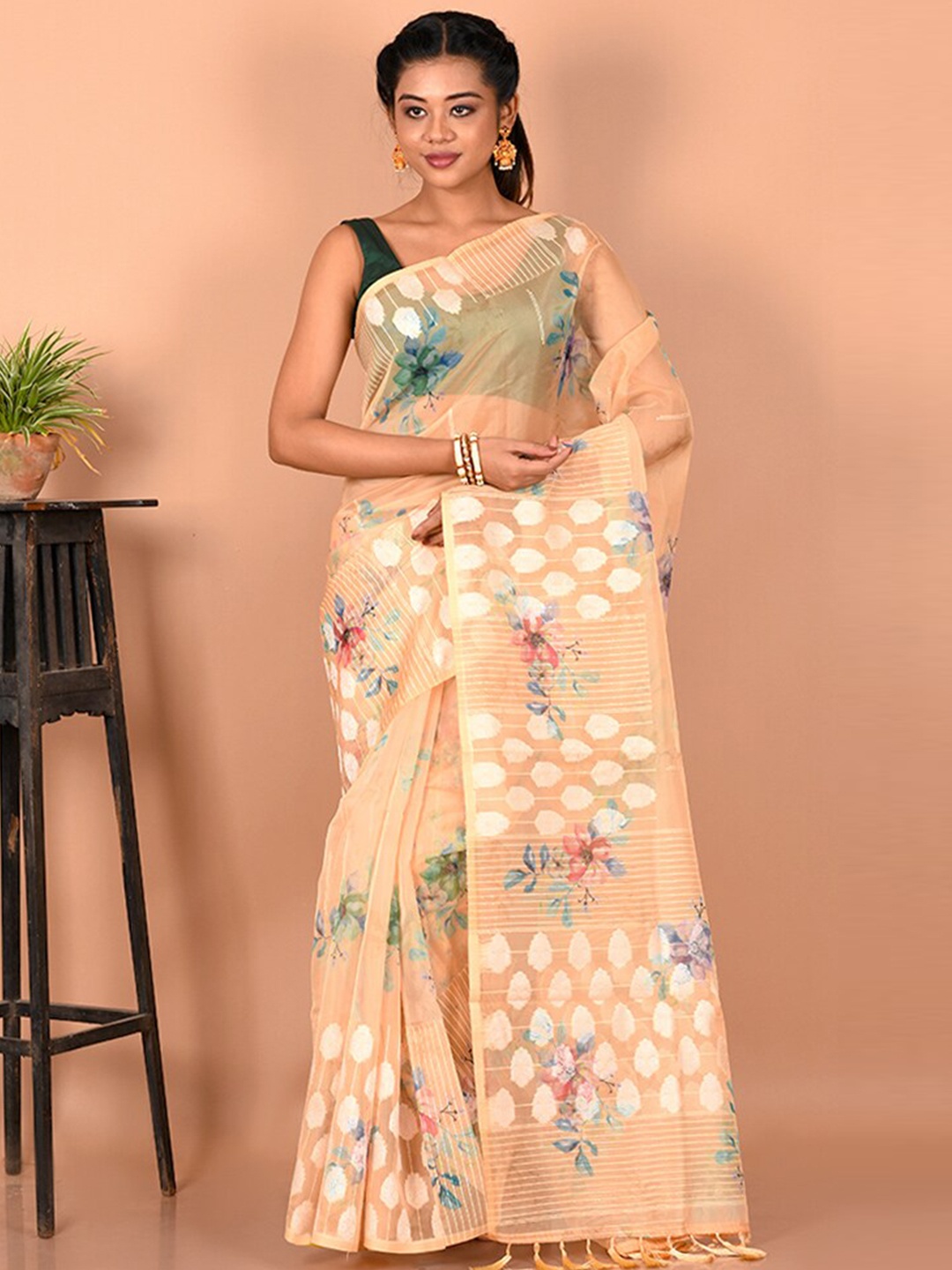 

AllSilks Floral Silk Blend Saree, Peach