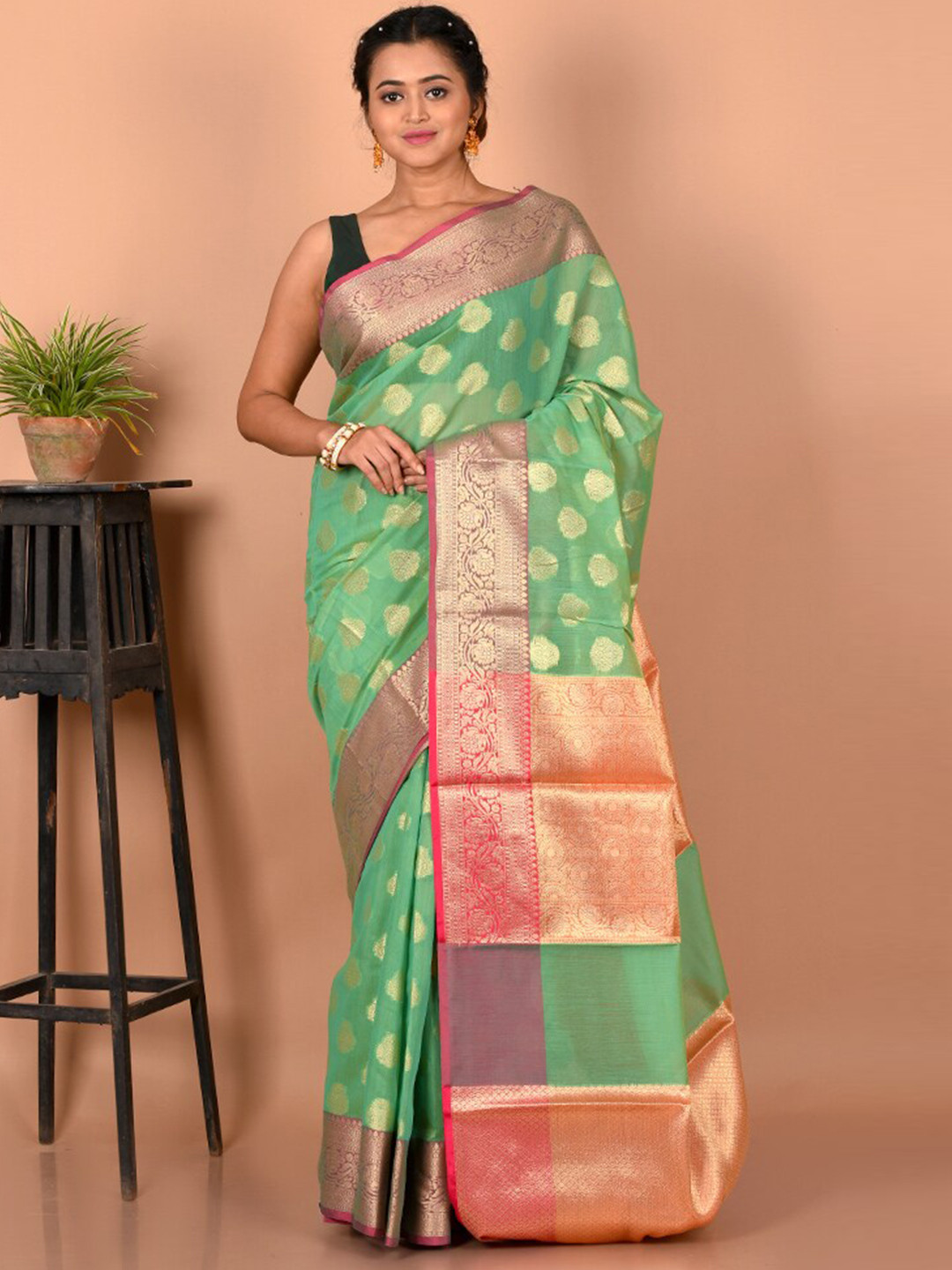 

AllSilks Ethnic Motifs Zari Saree, Green