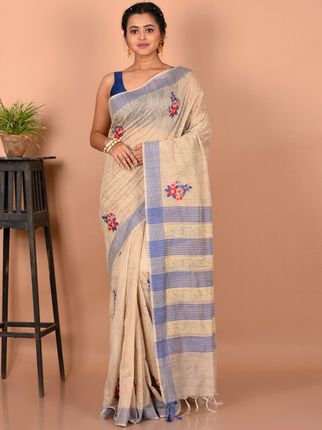 

AllSilks Floral Cotton Saree, Cream