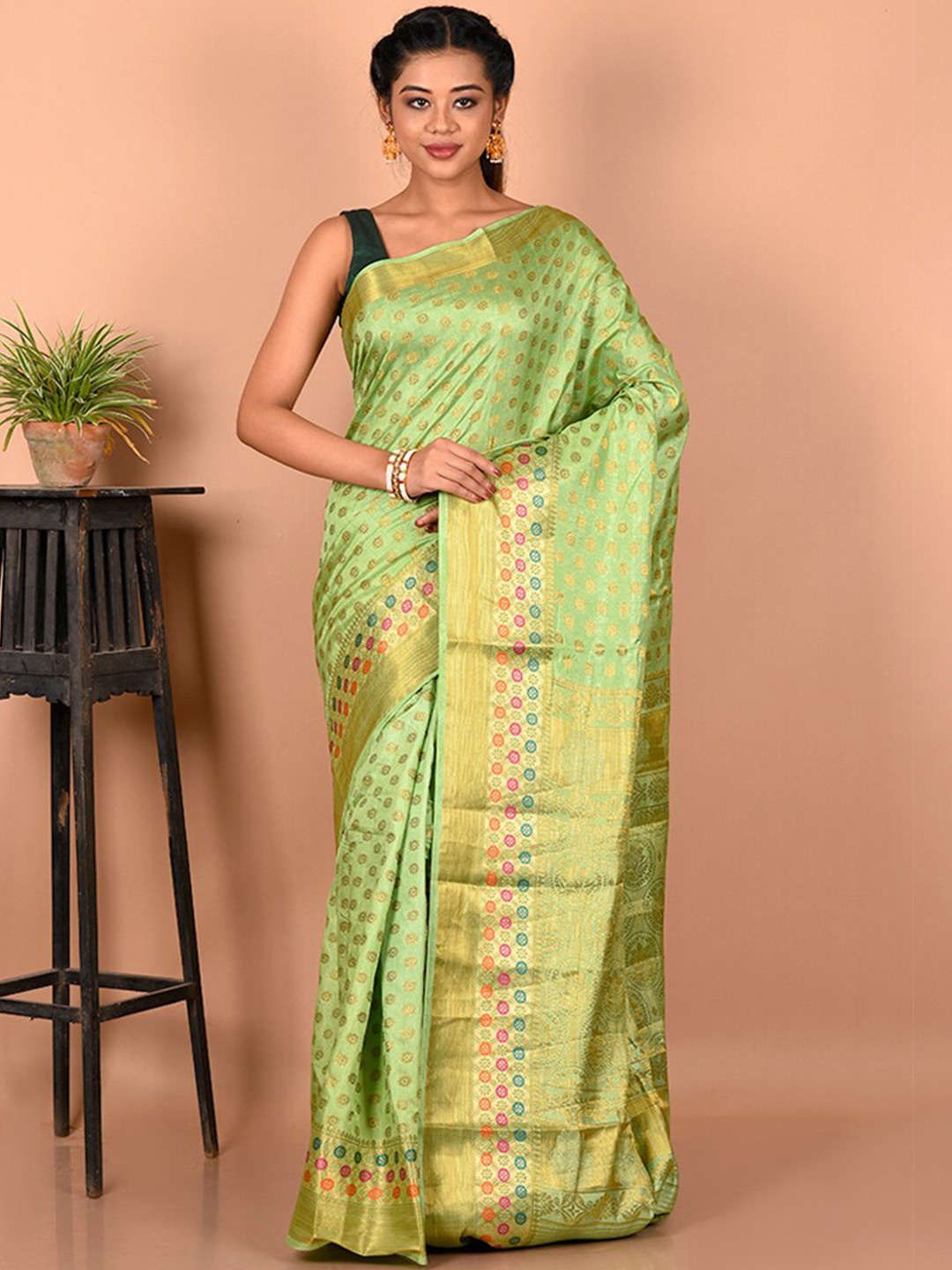 

AllSilks Ethnic Motifs Zari Silk Blend Saree, Green