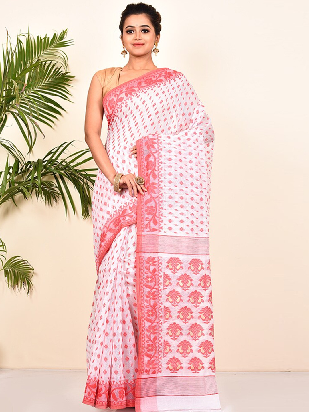 

AllSilks Woven Design Pure Cotton Taant Saree, White