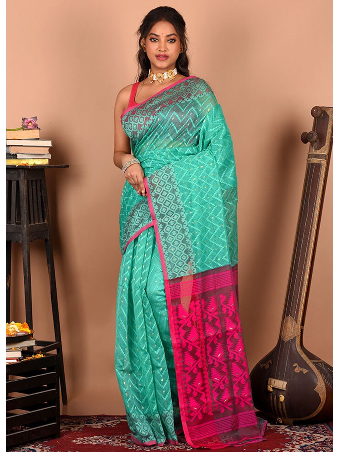 

AllSilks Woven Design Pure Cotton Taant Saree, Green