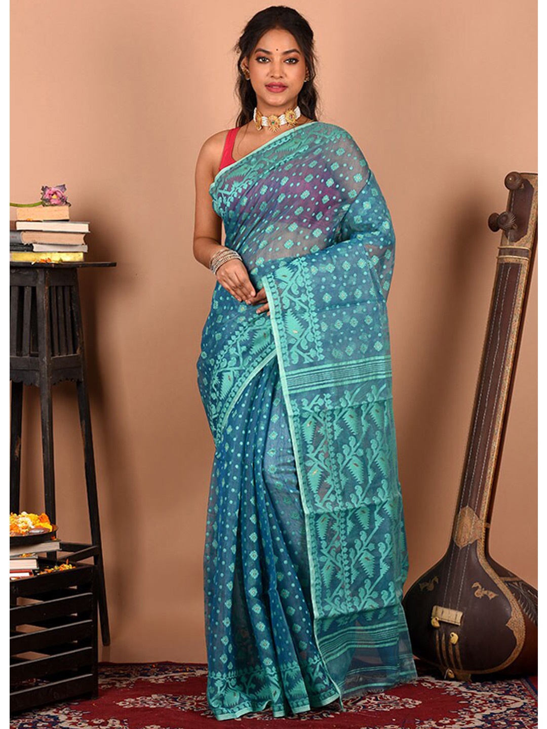 

AllSilks Ethnic Motifs Pure Cotton Taant Saree, Sea green