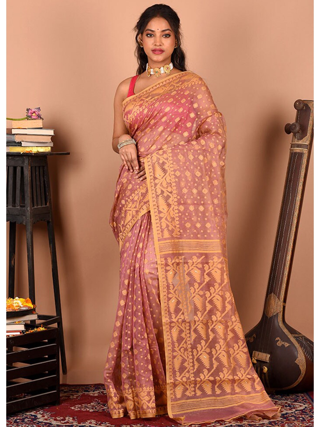 

AllSilks Ethnic Motifs Pure Cotton Taant Saree, Orange